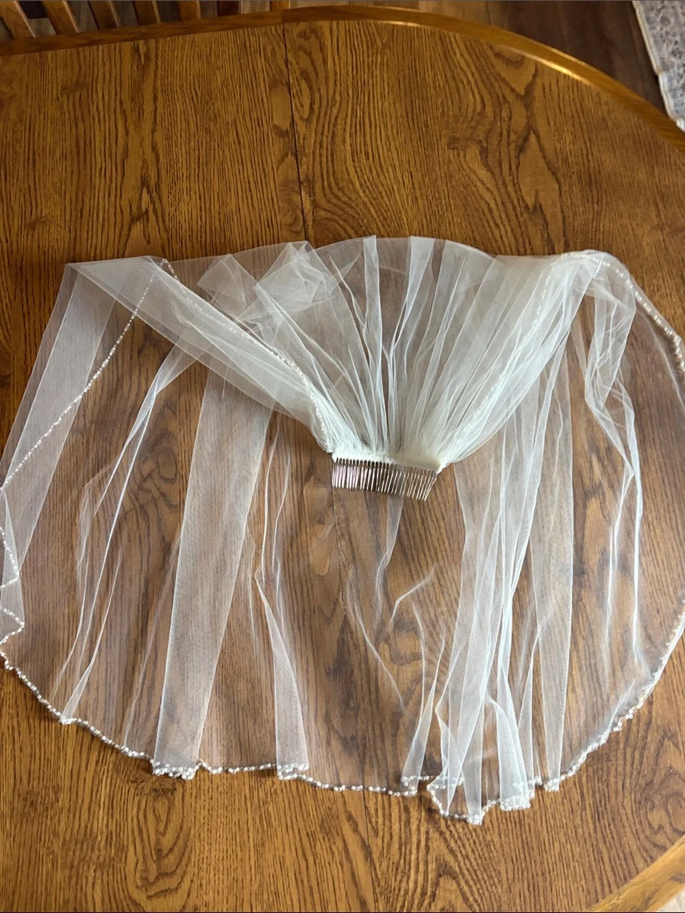 Classic Sheer Bridal Veil with Comb and Beaded edge- Ivory